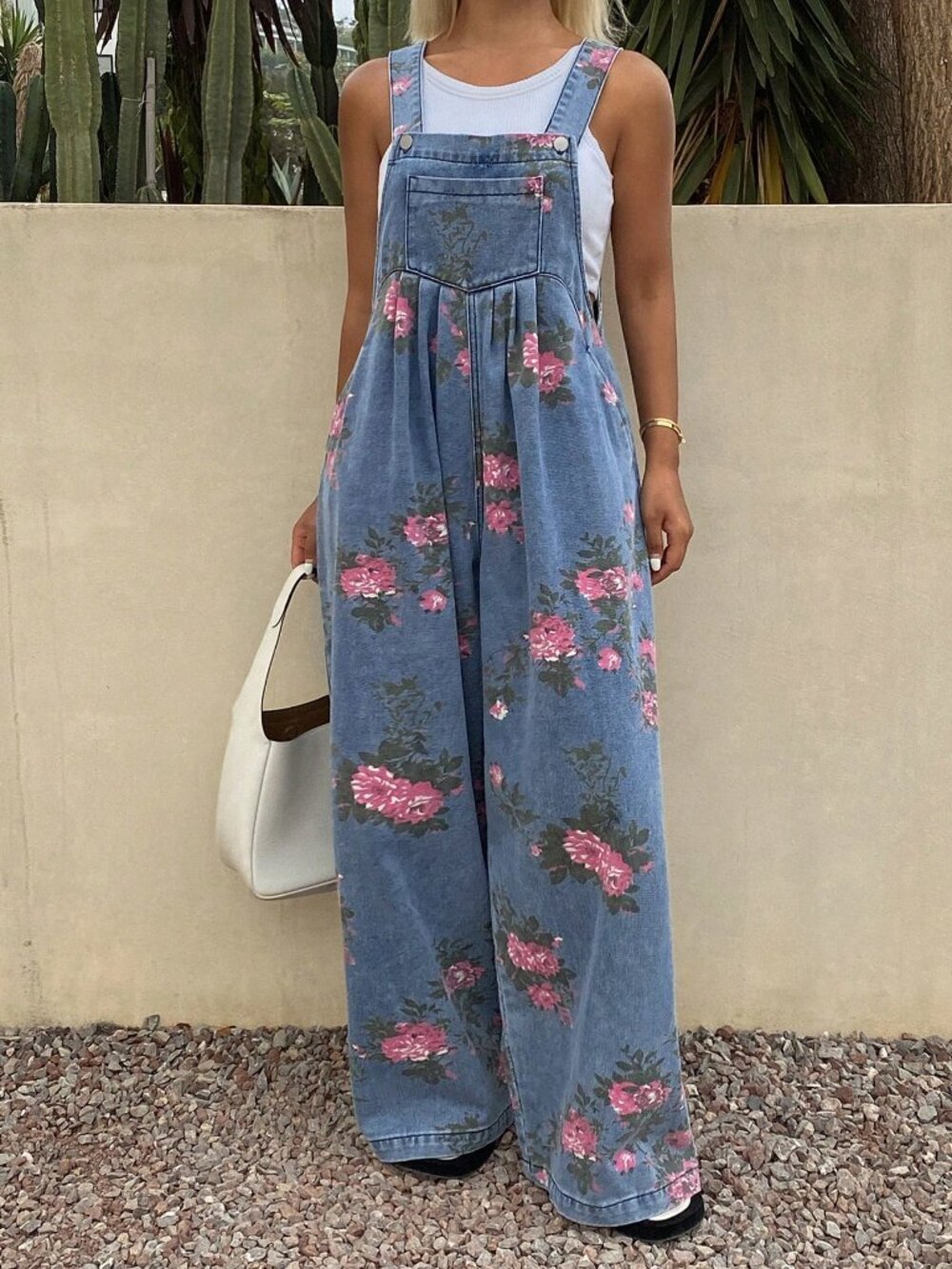 Blue Boho Women's Denim Pleated Wide-Leg Floral Jumpsuit - Picture 6 of 7